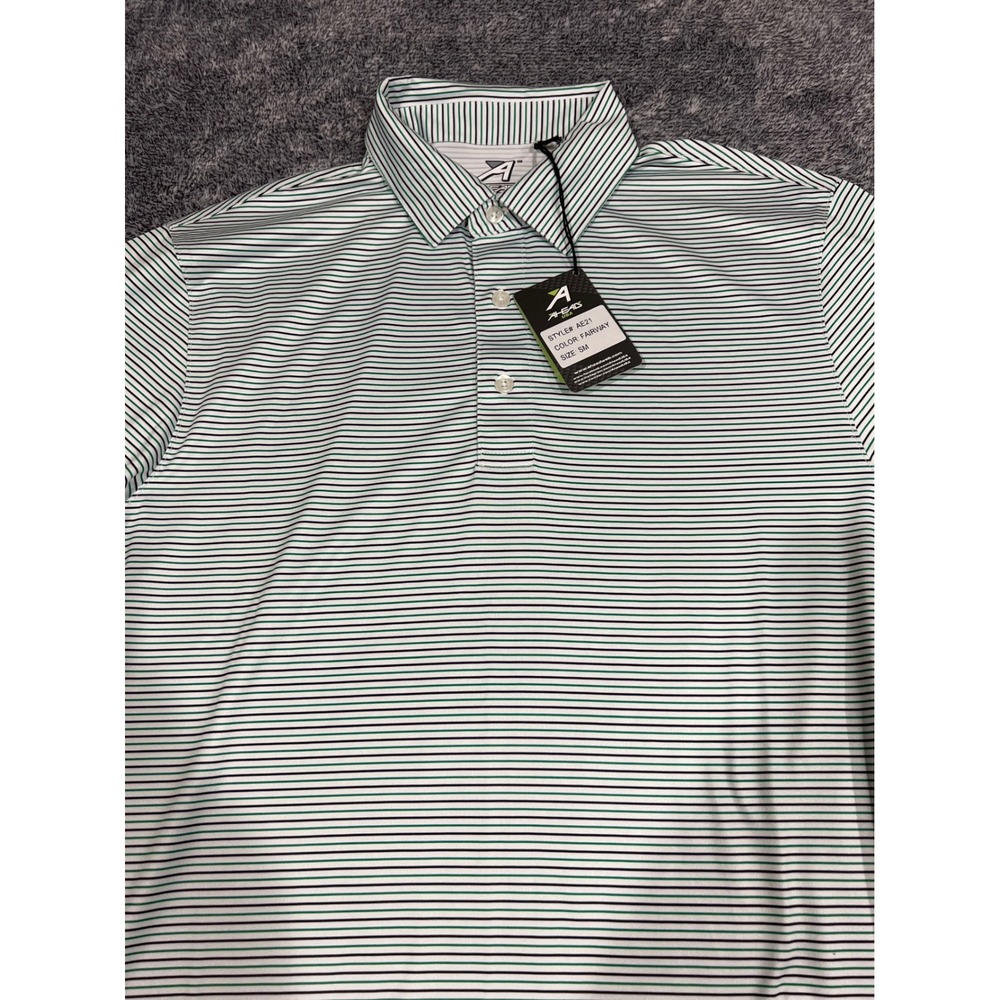 Ahead USA Mens AE21 Golf Polo Shirt Fairway Green White Striped Size Small NWT